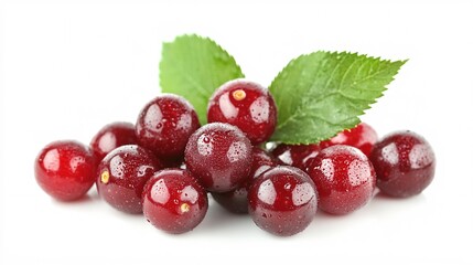 Fresh red cherries with water droplets and green leaves on a white background.