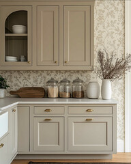 a close up editorial photograph Backsplash made of modern pattern wallpaper food jars pale beige shaker cabinets with arched glass doors and brass handles in a bright