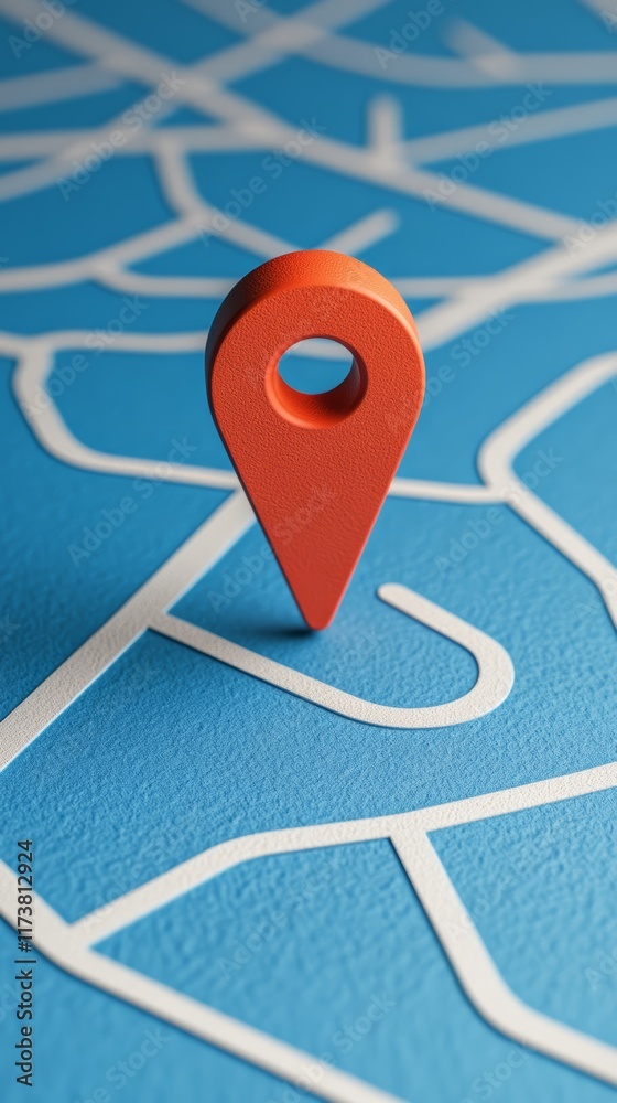 Poster red location pin marking a specific point on a stylized blue map, symbolizing navigation, travel, an