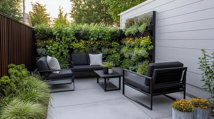 Modern small patio with sleek concrete flooring, black furniture, and vertical gardens