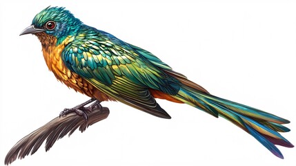 Fototapeta premium Colorful illustrated bird perched gracefully, showcasing vibrant green and orange plumage.