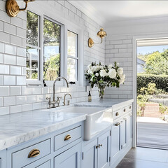 a hamptons galley kitchen with light blue cabinets and a grey and white marble benchtop the backsplash on the back wall is white subway tiles There is a white farmhous