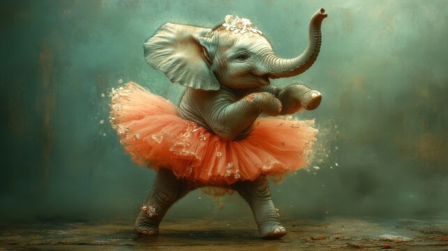 Joyful baby elephant dancing in a bright tutut on a magical stage during a whimsical performance. Generative AI