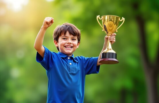 Happy schoolboy holds trophy. Celebrates winning school competition in uniform. Excited child displays confident expression. Outdoor setting in village. Schoolboy proud of achievement. Looks - Powered by Adobe