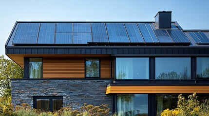 Modern Sustainable Home with Solar Panels and Stone Facade