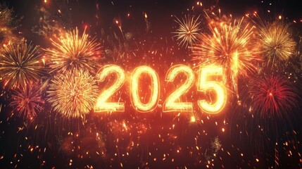 vibrant fireworks exploding in the night sky with the glowing numbers "2025" in bold, golden typography, creating a festive and celebratory scene. 