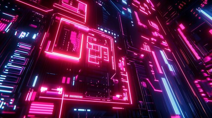 Obraz premium Abstract Neon Circuitry Glowing Pink and Blue