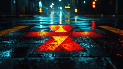 Wet Asphalt Road at Night with Red and Yellow Marking