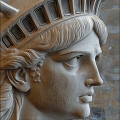 Close-up view of the Statue of Liberty's face, showcasing its intricate details and features.