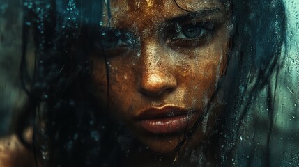 Woman's Face Behind Wet Glass