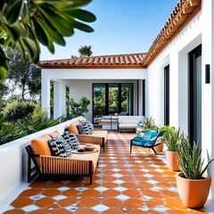 Fototapeta premium Patio with bright Mediterranean tiles and cheerful seating