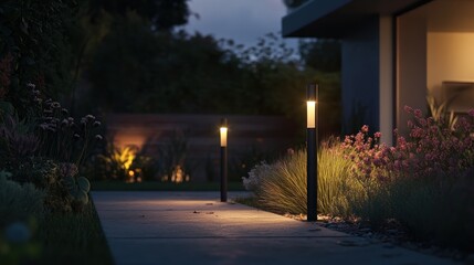Obraz premium Illuminated pathway with modern bollard lights in a garden at night.
