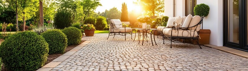 Obraz premium Patio with cobblestone flooring and vintage wrought iron furniture
