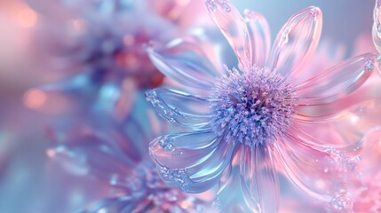 Obraz premium Delicate translucent flowers in shades of pink and blue, showcasing intricate petal details and a dreamy atmosphere.