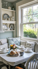 Cancerinspired breakfast nook vintage china display comfortable window seat family photos