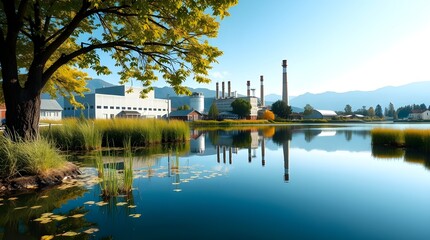 Fototapeta premium Eco-Friendly Factory Near a Reflective Lake