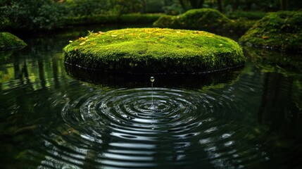 Mossy rock in calm pond with water droplet ripples.