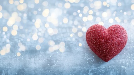 Obraz premium A red heart on a bokeh background with a snowy/glittery texture, positioned on the right side with ample negative space