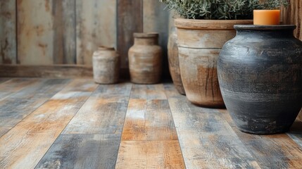 Naklejka premium Rustic decor in a cozy interior featuring wooden floors, pots, and a subtle glow from a candle. Generative AI