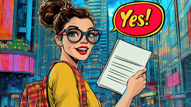 Cheerful young woman celebrating passing an exam with excitement in a vibrant city background