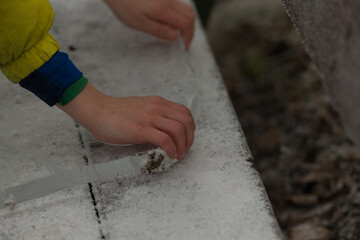 Hand Pulling a Piece of Ice from River or Lake. Close-up of a hand reaching into cold water to retrieve a piece of ice. Raw interaction with nature, crystal clear beauty of frozen water.