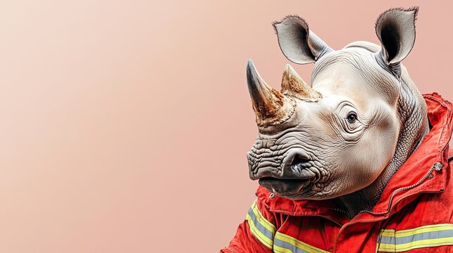 The rhinoceros wears a fireman's uniform, on a plain colored background. space for text