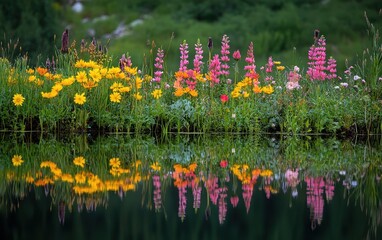 Serene Lake Reflection of Vibrant Wildflowers in Full Bloom