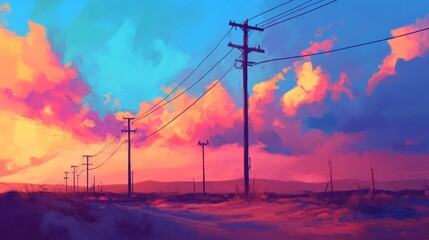 Vibrant Sunset Over Desert Landscape with Shadows