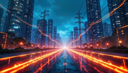 Fototapeta premium Futuristic city street at night. Power lines with glowing orange-red energy flow. Modern buildings line road. Trees, street lights create vibrant urban landscape. Electric energy illustration shows