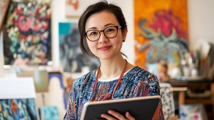 Smiling Asian woman artist holding a sketchbook in a vibrant studio filled with colorful artwork.
