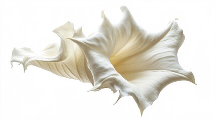 Naklejka premium A close-up of a delicate white flower petal, showcasing its elegant curves and soft texture against a bright background.