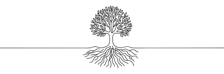 tree in one line. Graphic vector illustration of a continuous line drawing of a tree with roots.