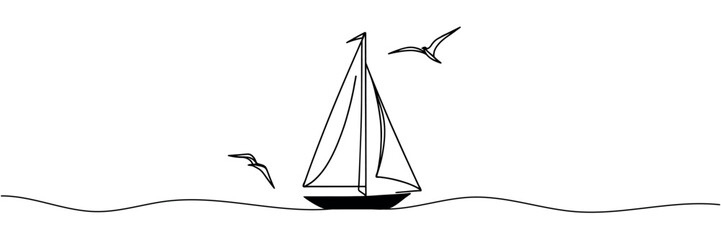 Continuous line drawing of sailing vessel. Vector illustration.
