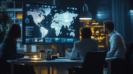 Three professionals analyzing global data on a large screen in a modern office setting.