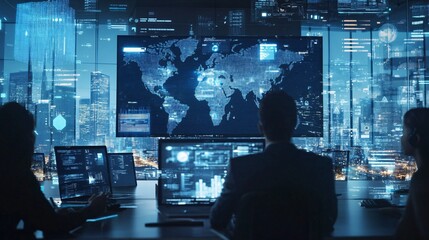 A group of professionals analyzing global data on digital screens in a modern office setting.