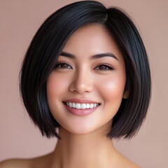 Obraz premium Smiling Woman With Short Black Hair and Radiant Skin in a Light Studio Setting During Daytime