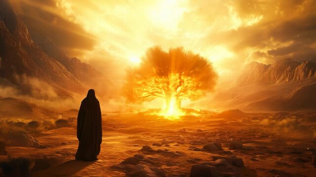 Moses confronts the radiant burning bush in a stunning desert landscape of ethereal light