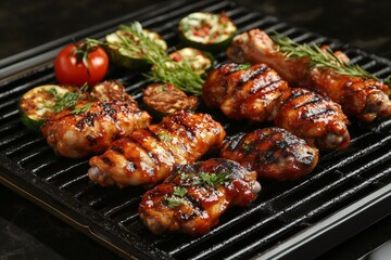 Delicious barbecue chicken wings and zucchini grilling on a barbecue