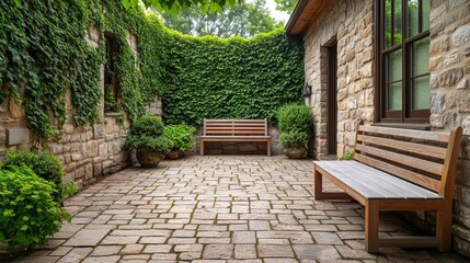 Obraz premium Rustic stone patio with ivy-covered walls and cozy wooden seating for a countryside vibe