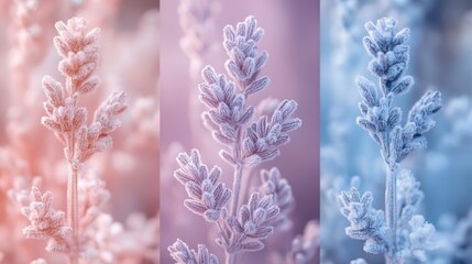 Obraz premium Delicate lavender branches frosted in winter hues of pink, purple, and blue capturing the essence of a serene cold morning. Generative AI