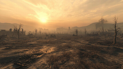 Fototapeta premium Desolate sunset over barren, foggy landscape.