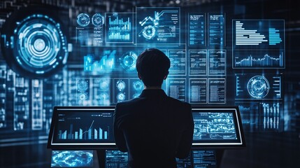 A male professional analyzes digital data and analytics on futuristic screens in a high-tech environment.
