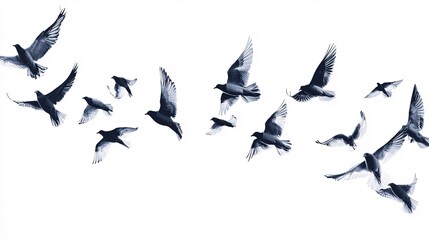 Obraz premium A dynamic flock of birds in mid-flight against a white backdrop, creating a serene and liberating atmosphere.