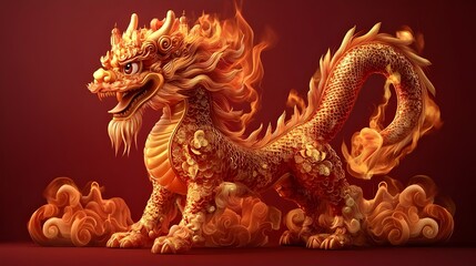 Obraz premium The golden cartoon lion statue with its ancient and oriental charm, a testament to Asian culture and religious beliefs, perfect for Chinese New Year decorations.