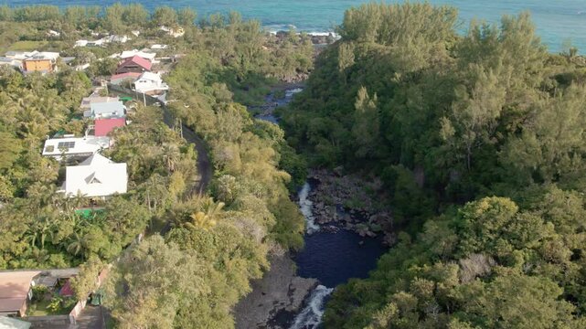 Aerial view on the Cascade Grand Galet and the Langevin basin of La Reunion island
