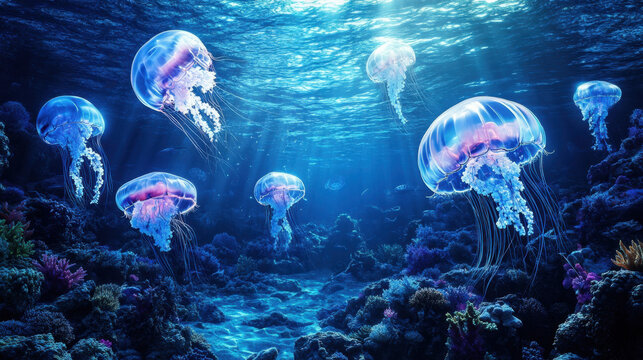 Glowing jellyfish underwater in ocean depth