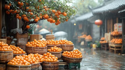 Fototapeta premium Rainy day at an Asian street market with numerous baskets of oranges.