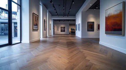 Contemporary art gallery showcasing modern masterpieces in a bright, spacious environment with elegant wooden flooring. Generative AI