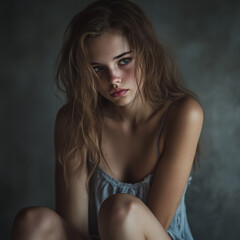 Fototapeta premium A focused portrayal of sadness, emphasizing emotional depth through composition.