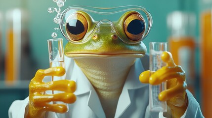 Curious frog scientist conducting experiments in a vibrant lab filled with test tubes and colorful liquids. Generative AI